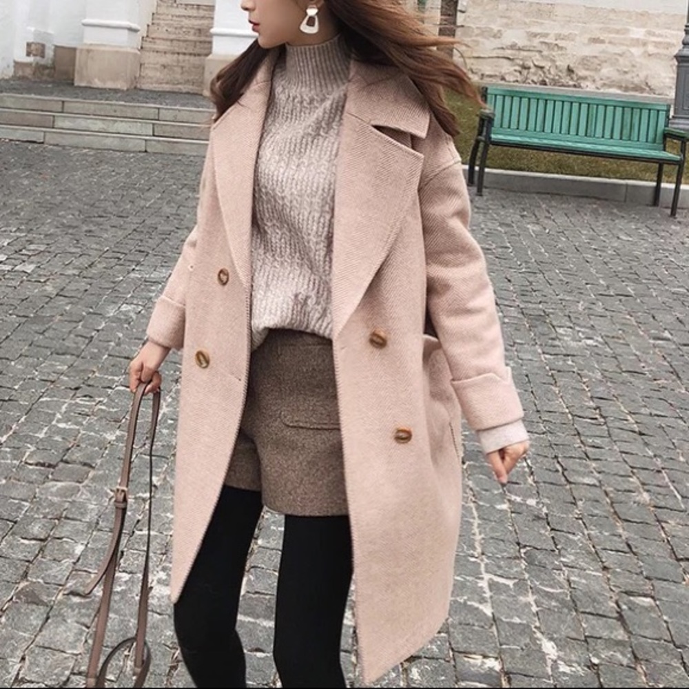 Coat stripe thick wool blend womens jacket khaki - Picture 4 of 9